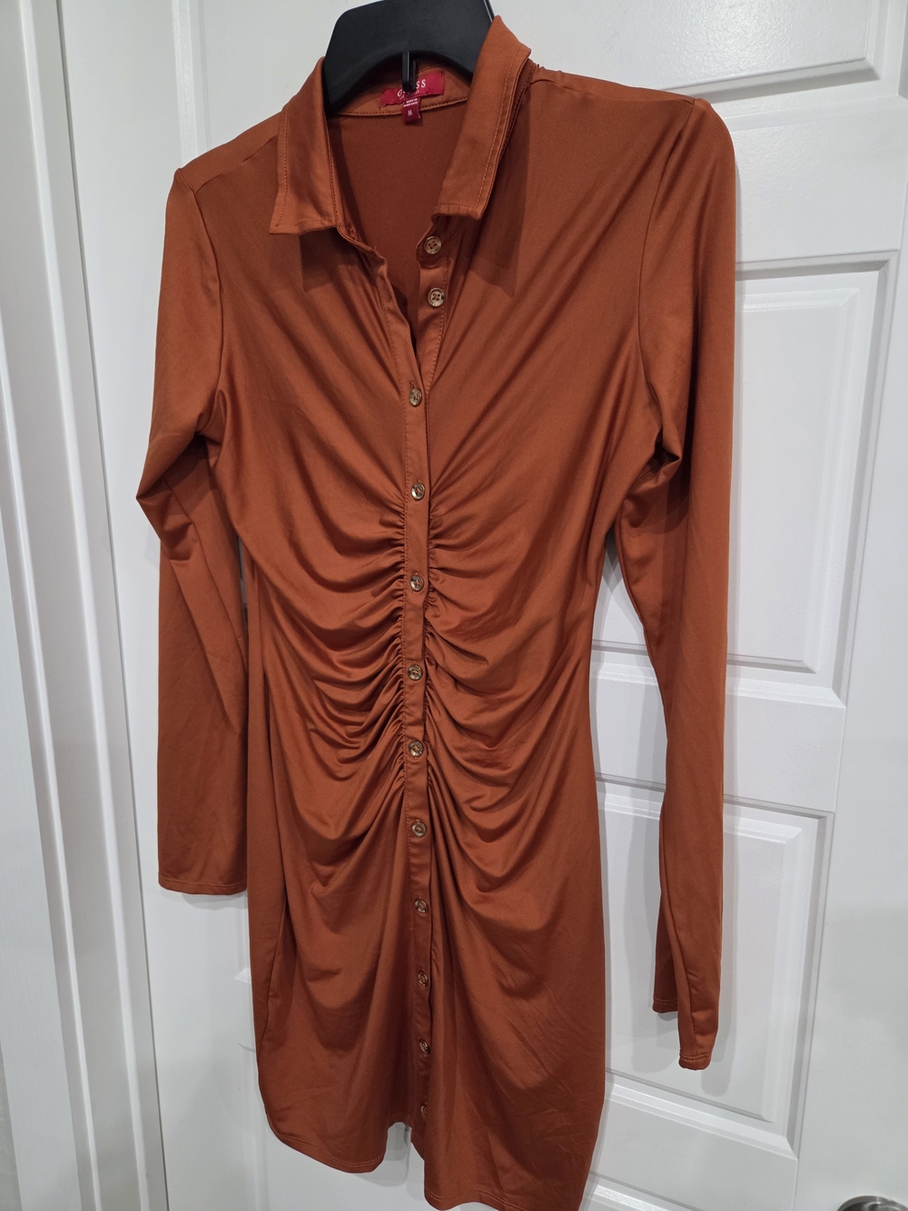 Guess Rust Orange Ruched Button-Front Mini Dress Size Medium - Picture 4 of 8